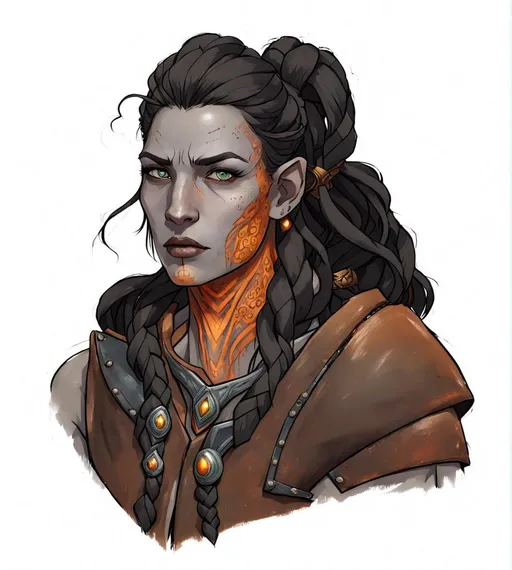 Prompt: A Female duergar with grey Skin. she has orange facial tattoos that run down her neck. She has long black braids thar hang offer her shoulders. 
She has a orange gem that looks like a small shield imbedded in her Sternum. 
She has Broad shoulders and wears leather Armor.
