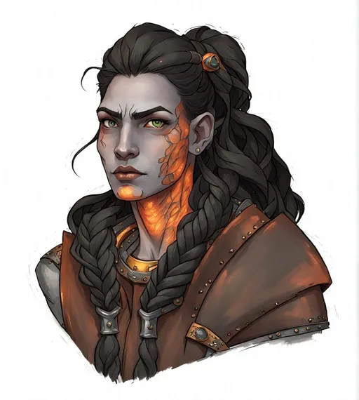 Prompt: A Female duergar with grey Skin.
she has prominent orange facial tattoos. 
She has long black braids thar hang offer her shoulders. 
She has Broad shoulders and wears leather Armor.
She has a exposed sternum with a small gem imbedded in it.
