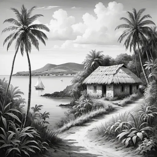 Prompt: Mayotte island village with straw house and sea and plants black and white old painting