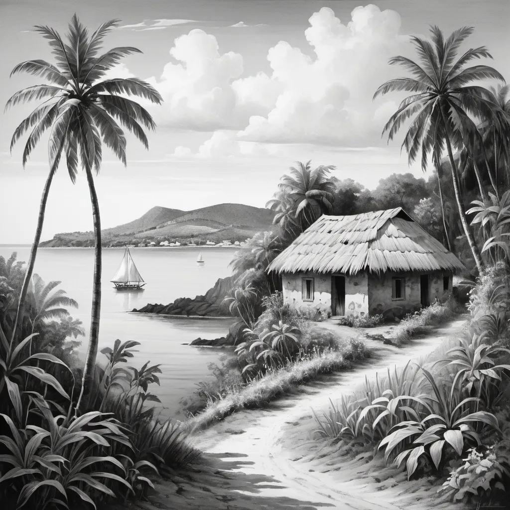 Prompt: Mayotte island village with straw house and sea and plants black and white old painting