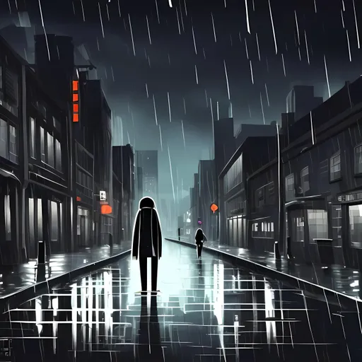 Prompt: Dark themed cartoon with a man walking down a rainy street 