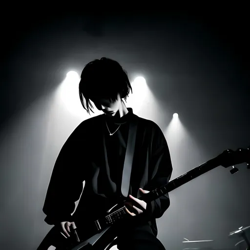 Prompt: A man dressed in black oversized clothes playing guitar...dark vibe and face covered 