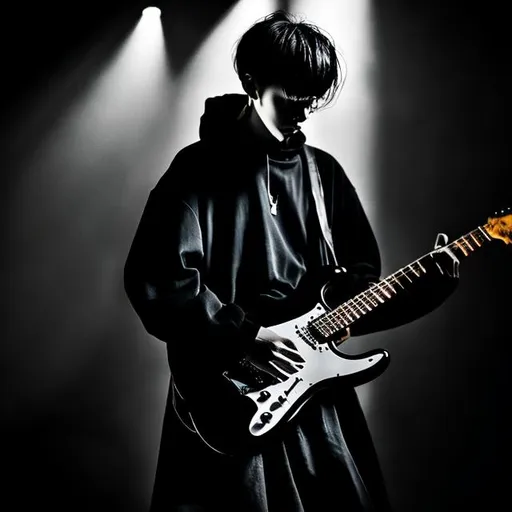 Prompt: A man dressed in black oversized clothes playing guitar...dark vibe and face covered 