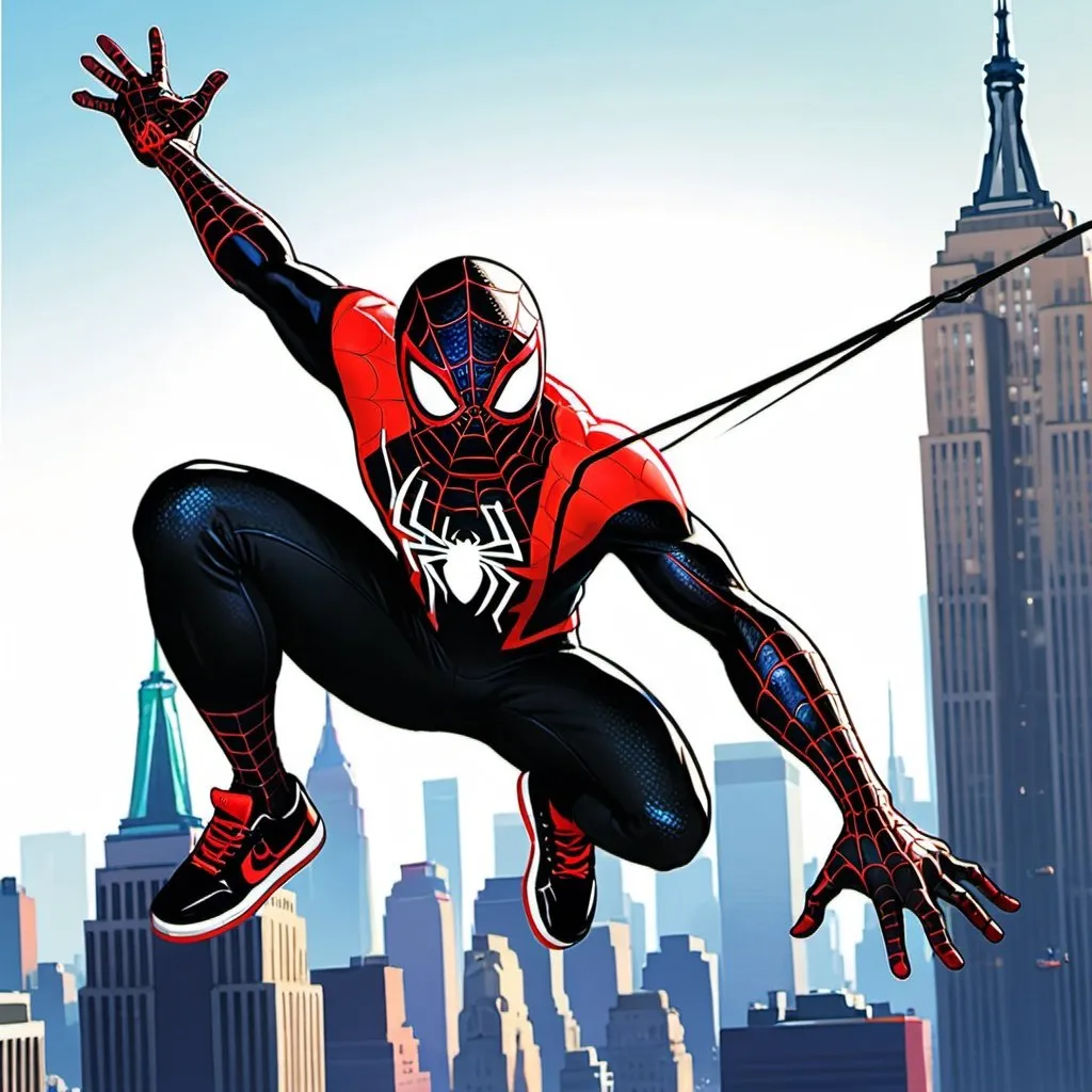 Prompt: Miles Morales Spiderman web-slinging over New York portrayed in GTAV promotional art style