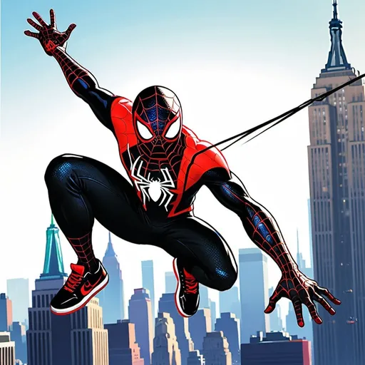 Prompt: Miles Morales Spiderman web-slinging over New York portrayed in GTAV promotional art style