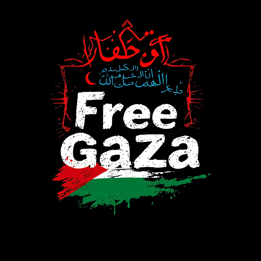 Prompt: victor logo for t shirt write free gaza free palastain write it in english & arabic word with gaza flag