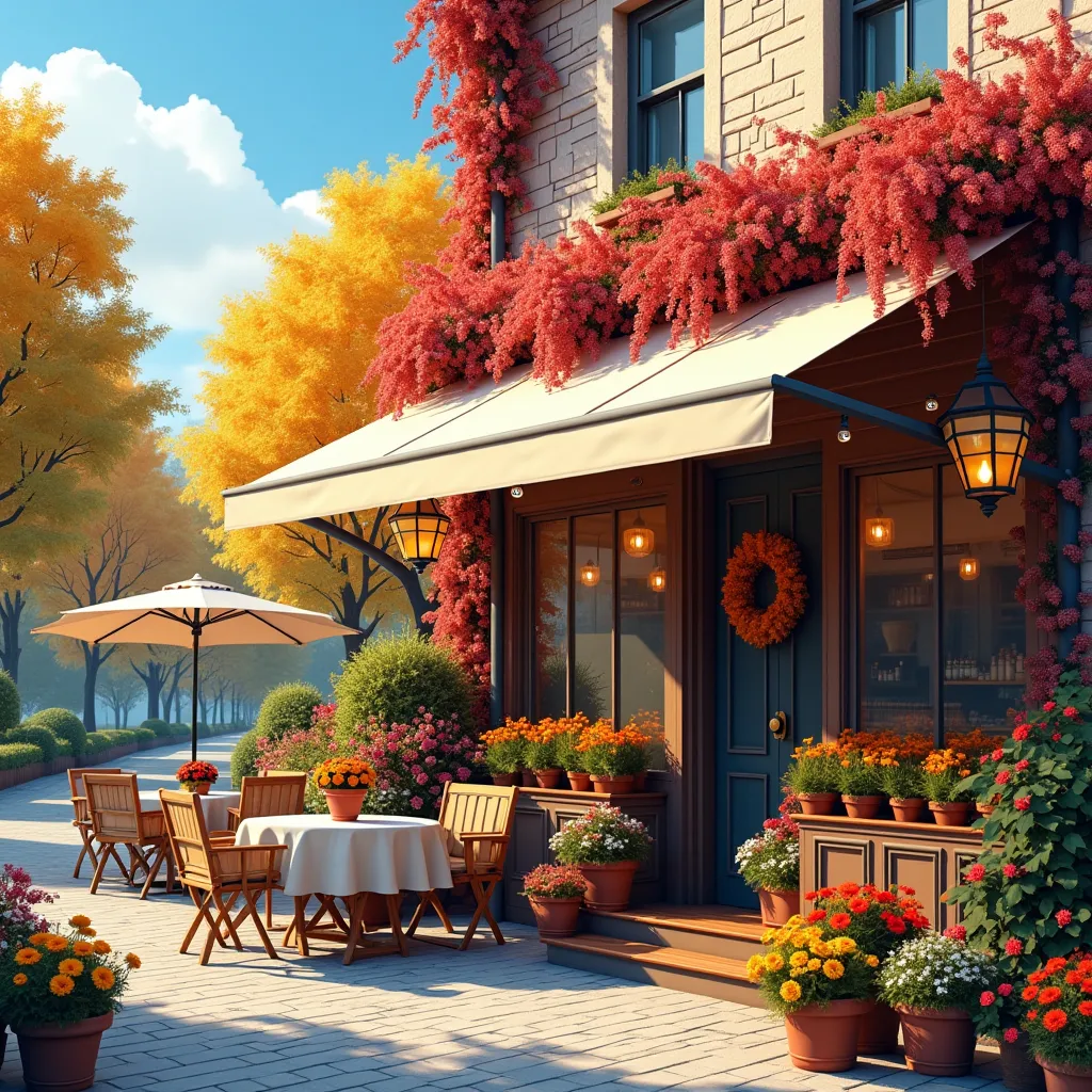 Prompt: (autumn outdoor café) decorated with many vivid flowers, (colorful roadside trees), bright blue sky, fluffy white clouds, warm colors, cheerful atmosphere, cozy seating arrangement, sunlight filtering through trees, inviting ambiance, detailed floral arrangements, high-quality 4K, ultra-detailed composition, tranquil setting, perfect for relaxation and enjoyment.