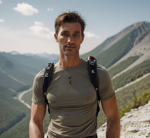 Prompt: Man in his 42, goodlooking, short hair on a mountain hiking, his torso wihout clothes.