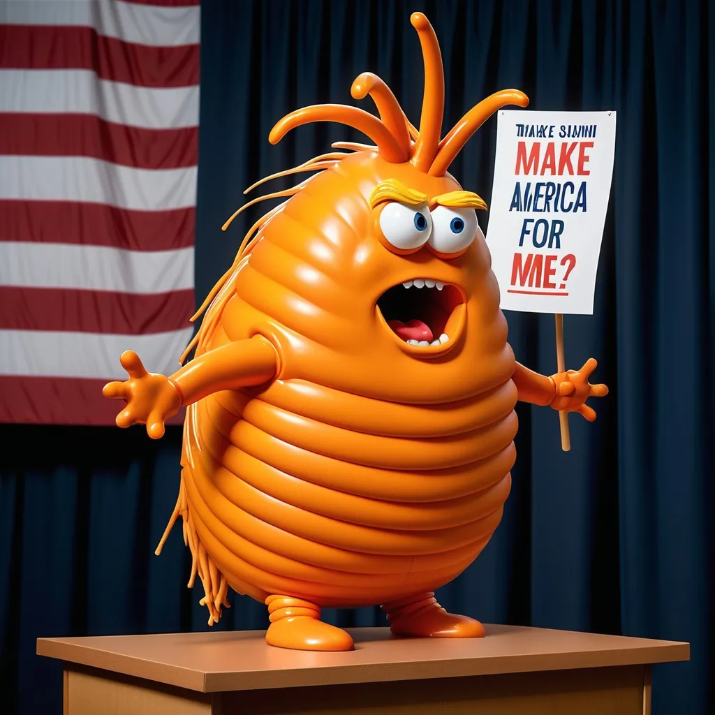 Prompt: a large, cartoonish orange maggot with a wild, tousled hairstyle reminiscent of Donald Trump’s iconic locks, complete with an exaggerated swoop. The maggot is standing at a small podium, barely fitting into a comically ill-fitting dark suit that looks more like a child's costume.

The banner above reads “Make America For Me” in bold, playful letters. Behind the maggot, the congressional chamber is stylized with rich colors and decorative flags. The audience is filled with cartoonish insects—perhaps a few flies and ants—looking on with a mix of confusion and amusement. Some might be holding tiny signs, while others are whispering to one another, clearly finding the whole situation hilarious.
Trump has a maggot body


The maggot’s face displays an over-the-top confident grin, emphasizing its larger-than-life persona. Bright oranges and yellows make the maggot pop against a darker, muted background, creating a striking contrast that draws attention.