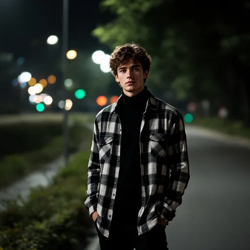 Prompt: Standing confidently along a dimly lit roadside, a young man embodies a casual yet stylish look in a black-and-white plaid shirt layered over a black turtleneck; his hair is styled in soft curls, adding a youthful flair. The muted night scene is punctuated by distant headlights and the glow of streetlights, casting a soft illumination that highlights the greenery and faint urban background. The boy’s posture, with hands tucked into his pockets, exudes a relaxed demeanor amidst the lively atmosphere created by the vibrant lights in the distance. The image captures a moment filled with a sense of adventure and youthful energy, enhanced by the subtle contrast of his outfit against the softly blurred night backdrop.