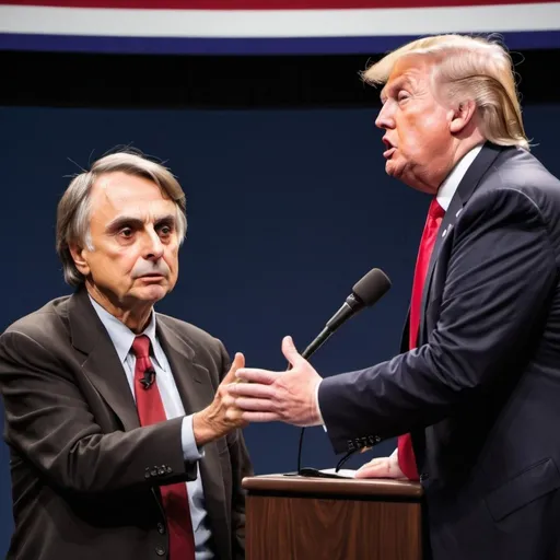 Prompt: Carl Sagan in a debate with Donald Trump. Sagan has the crowd's support and Trump looks dejected. 