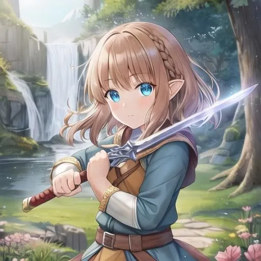 Prompt: Hobbit Girl, brown hair, Holding a sword