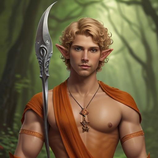 Prompt: well-built, male elf, druid, short curly blond hair, tan skin, stubble, burnt orange tunic, sickle