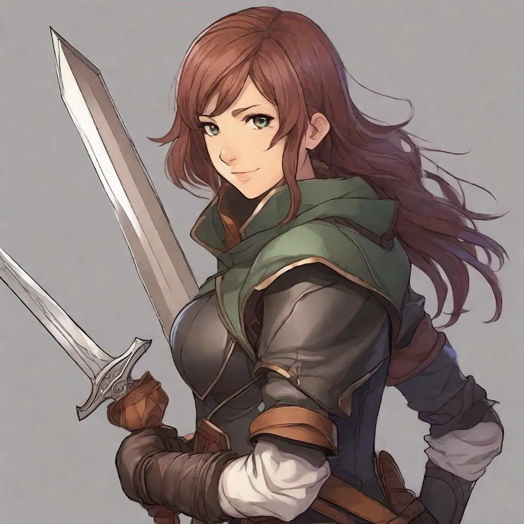 Prompt: in the style of Grimgar ashes and illusions, draw me a young female Rogue, wearing leather armor holding a dagger