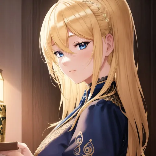 Prompt: Detailed anime illustration of a blonde-haired servant, intricate lace clothing in blue and gold, female, rogue, wooden tavern background, detailed eyes, lace design, highres, detailed hair, anime, fantasy, intricate clothing, rogue, warm tones, atmospheric lighting