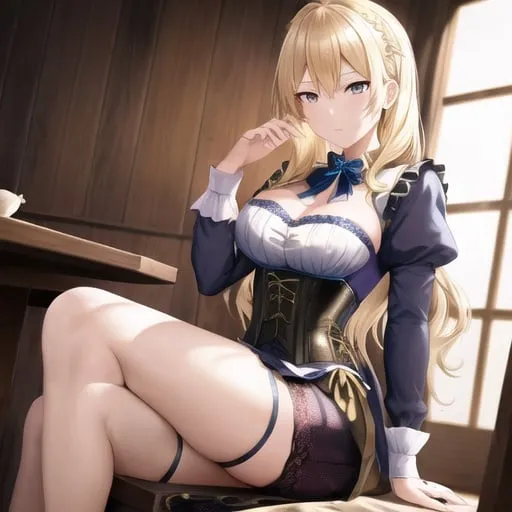 Prompt: Detailed Anime illustration, Blonde haired Servant, Female, Intricate lace Dress with Blue and Gold, wearing corset rogue, Background (Wooden Tavern)