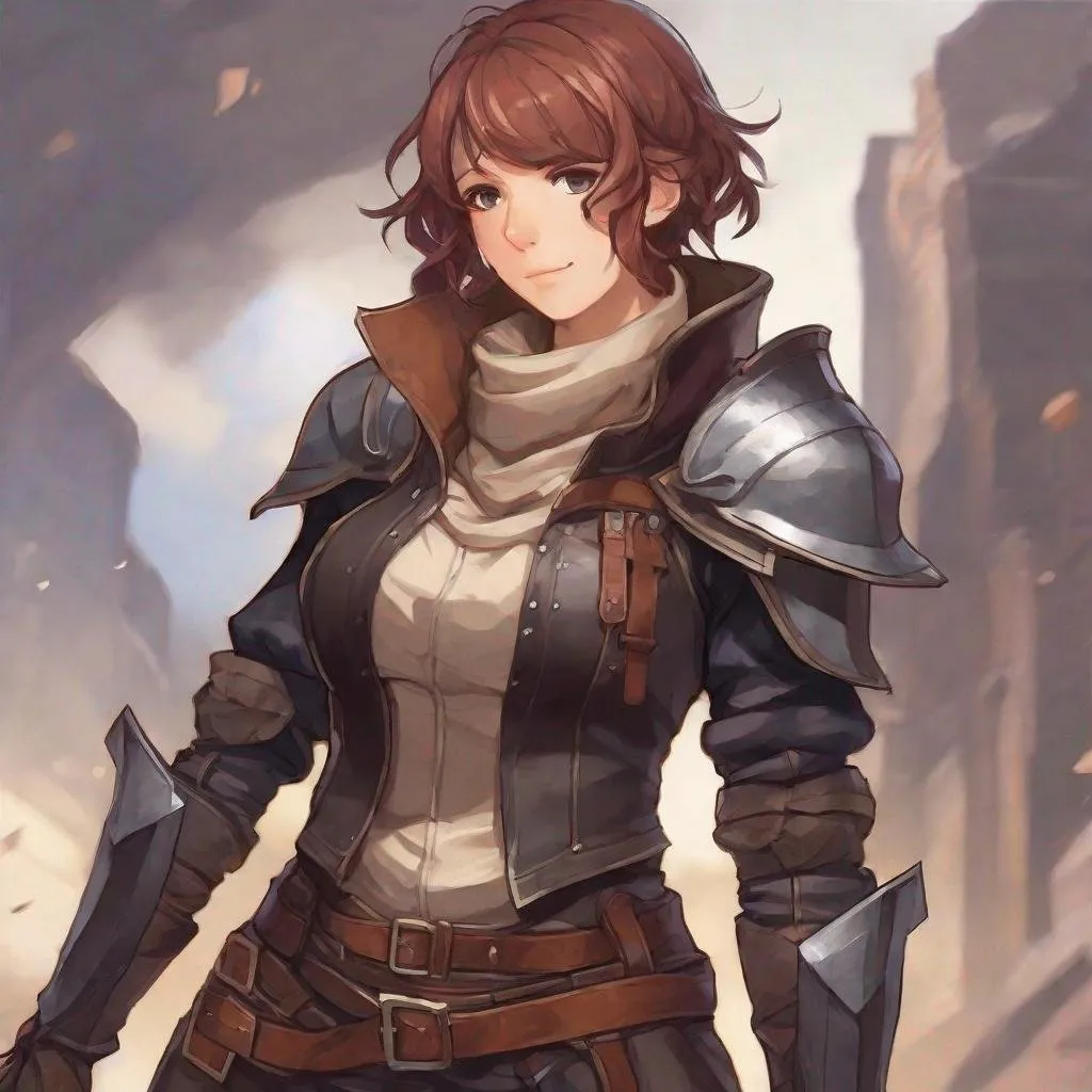 Prompt: in the style of Grimgar ashes and illusions, draw me a young female Rogue, wearing leather armor holding a dagger