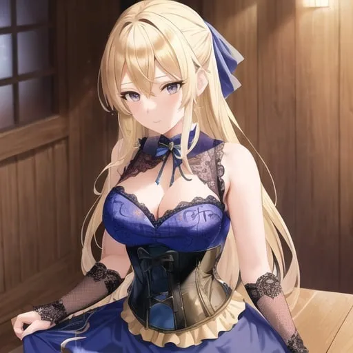 Prompt: Detailed Anime illustration, Blonde haired Servant, Female, Intricate lace Dress with Blue and Gold, wearing corset rogue, Background (Wooden Tavern)