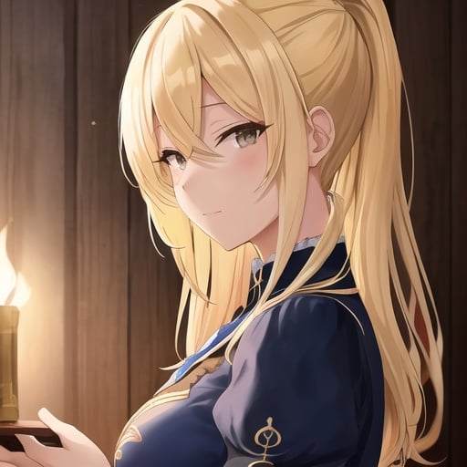 Prompt: Detailed Anime illustration, Blonde haired Servant, Female, Intricate lace Clothing with Blue and Gold, rogue, Background (Wooden Tavern)