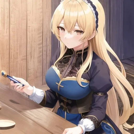 Prompt: Detailed Anime illustration, Blonde haired Servant, Female, Intricate lace Clothing with Blue and Gold, rogue, Background (Wooden Tavern)