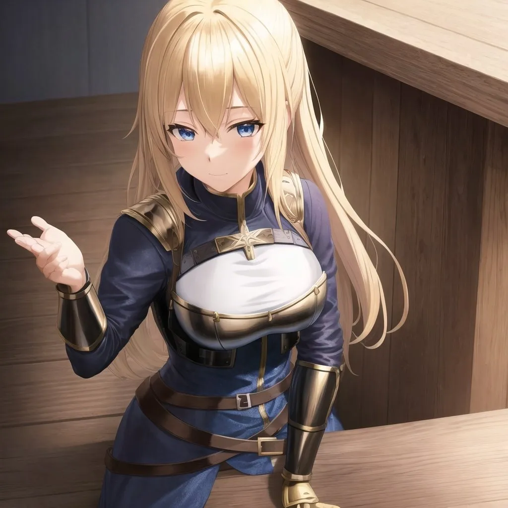 Prompt: Detailed Anime illustration, Blonde haired Servant, Female, leather armor, blue cloak, rogue, Background (Wooden Tavern)