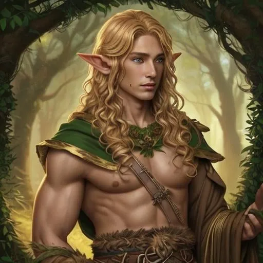 Prompt: masculine elf, druid, seasons, curly golden hair, tan skin