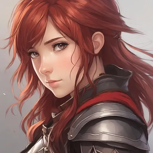 Prompt: in the style of Grimgar ashes and illusions, draw me a young girl, Rogue, with red hair, wearing leather armor