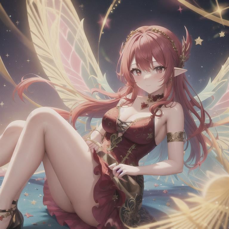 Prompt: A cute fairy, with red hair, in a highly detailed ornate dress, sparkles