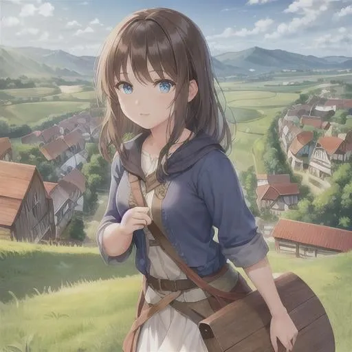 Prompt: Beautiful Hobbit Girl, brunette hair, bright blue eyes, Highly detailed, Background Rolling hills, simple wooden houses, fields