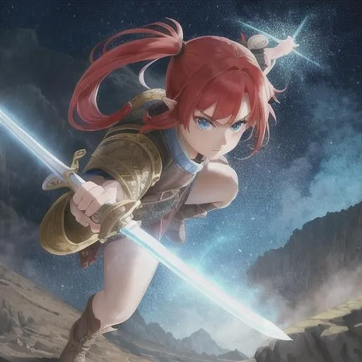 Prompt: Hobbit girl with red hair in pigtails holding a sword, with a determined and confident attitude, high-quality, RPG fantasy game style, detailed character design, vibrant colors, adventurous expression, dynamic pose, professional fantasy game illustration, medieval fantasy, adventurous, intricate weapon design, heroic lighting, cinematic, detailed armor and clothing, intense gaze
