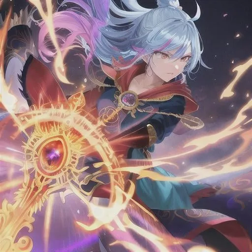 Prompt: Wind mage wielding fire magic, mystical fantasy landscape, vibrant and fiery color palette, flowing robes billowing in the wind, intricate details on magical staff, intense and powerful expression, high quality image, fantasy, mystical, vibrant colors, dynamic pose, detailed robes, elemental magic, atmospheric lighting

