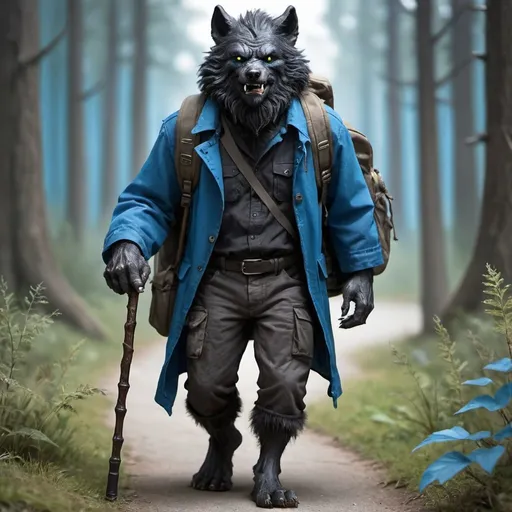 Prompt: friendly wolfman, black fur with blue highlights, carrying a walking stick, wearing a medicine pouch and a backpack