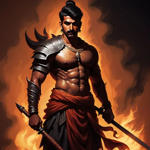 Prompt: A powerful warrior, Shaurya Rathore, stands with his shadow. The shadow appears physically crippled, yet there is a palpable aura of indomitable strength emanating from it. Shaurya stands tall and determined, with a resolute expression on his face and eyes burning with the fire of vengeance. His unique and powerful shadow symbolizes ancient Asura war arts he has mastered. In the background, his family members stand at a distance, looking at him with disdain and rejection. Shaurya's stance reflects his inner strength, patience, and readiness to face all adversities in life.