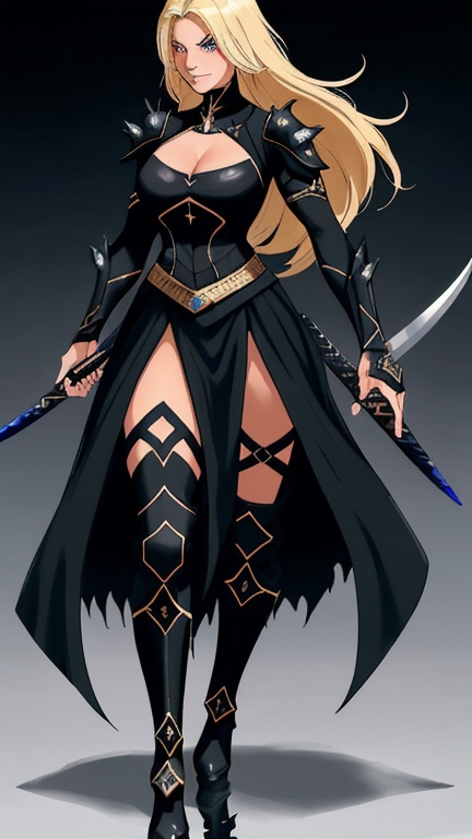 Prompt: Thick, muscular, athlete, very young looking, blonde female fantasy warrior assassin in a black, fantasy long uniform that covers her entire body. Her skintone is tan. Her blonde hair has a bit darker tone. Her hair are medium lenght. Her hair have spikey endings. She has a playful, cheerful, smiling in a dominant way face expression but also appears smart. She uses two long curved swords as weapons and holds one each sword in each hand. Her black fantasy dress covers entire body, she has pants on her entire legs. Her black fantasy dress has parts of a long skirt that falls on her thighs. She stands from sideways, you can see back of her body so generate back of her body. Her jaw is wide for a young, athletic girl. You can see her feet in boots. Under her long dress, you can see her big thighs. Viewer can see her entire body. Viewer sees her from behind so generate her back.