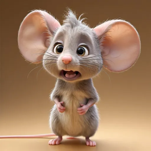 Prompt: Disney-style illustration of a cute mouse, transparent background, high quality, detailed fur, adorable facial features, beige-grey colour, whimsical, magical, stage lighting