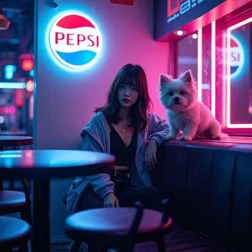 Prompt: Generate a Detailed scene of a Japanese woman sitting in a stylish bar, accompanied by a small white dog. The bar is illuminated with vibrant blue, purple, and pink neon lights, creating a futuristic and cozy atmosphere. A prominent Pepsi sign is displayed on the wall behind her, adding to the urban vibe. The woman is dressed in contemporary Japanese fashion, and the bar features sleek, modern furnishings with colorful reflections from the neon glow.