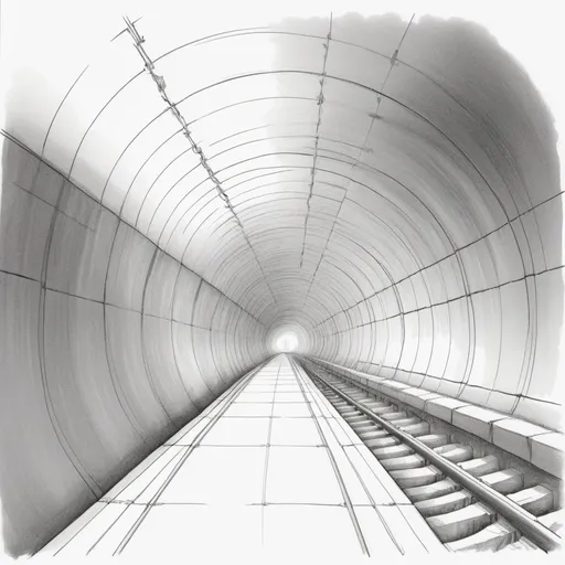 Prompt: a pencil sketch for a brochure for a tunnel that is passing through a city. Minimum but clear details. Very white background 