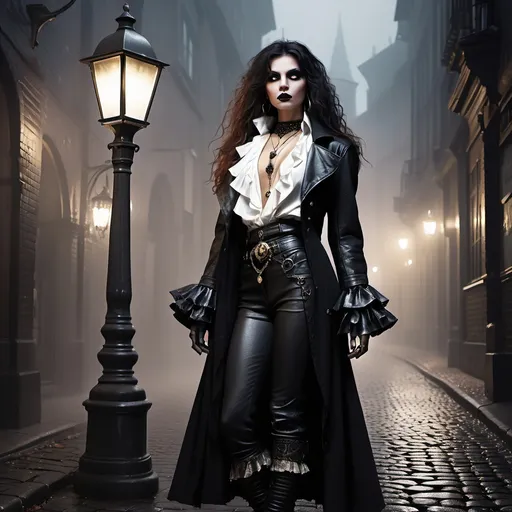 Prompt: A charismatic vampire of the Ravnos clan from Vampire: The Masquerade, standing in a misty cobblestone alley under a vintage streetlamp. Gothic and bohemian clothing with subtle Romani-inspired details: a long black leather coat with ornamental patterns, a semi-open white shirt with ruffled cuffs, tight leather pants, and tall boots. Accessories include gold and silver jewelry: rings, bracelets, necklaces, and earrings, all glowing faintly under the moonlight. The character has long, dark, partially tied hair with loose strands falling around their pale face. Piercing golden eyes with a faint supernatural glow. Holding a worn playing card (Ace of Spades) spinning it effortlessly. The background shows a decaying urban setting with graffiti and shadowy figures lurking in the mist. Dark and mysterious atmosphere, color palette of blacks, deep reds, golds, and subtle violet and emerald highlights to enhance a mystical vibe. Cinematic lighting.

