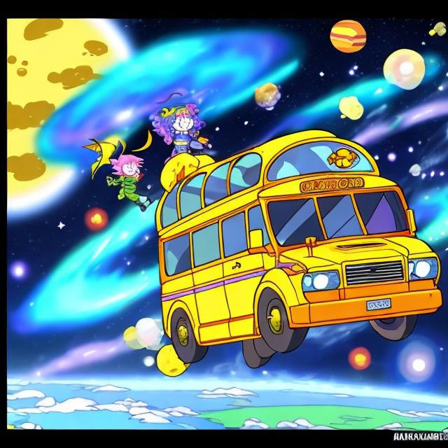 Prompt: Magic school bus in space, anime kaizo style