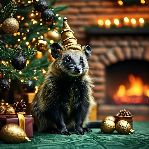 Prompt: Harry Potter Universe, Christmas tree decorated with gold and black, badger sitting beside it, presents all around the tree, dark green carpet, brick stone fireplace, warm tones