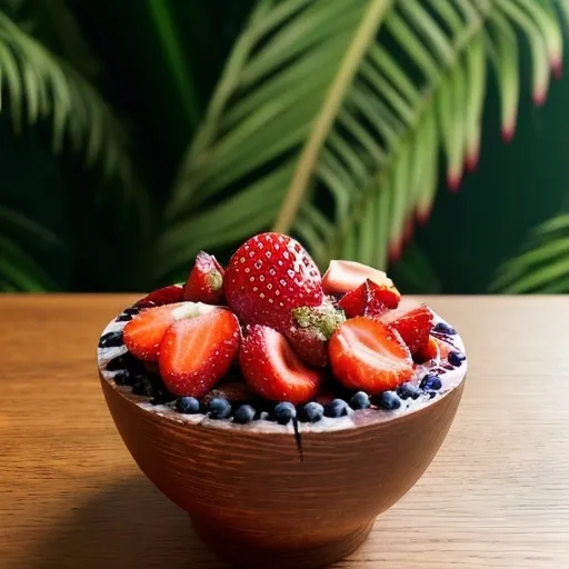 Prompt: an açaí bowl with strawberries on a wooden table, tropical trees background