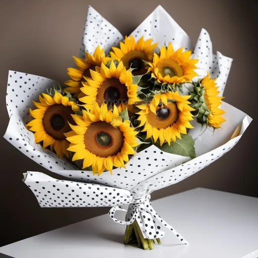 Prompt: a bouquet of sunflowers is wrapped in white paper and tied with polka dots on a table top, Anne Said, rayonism, flowers, a stock photo