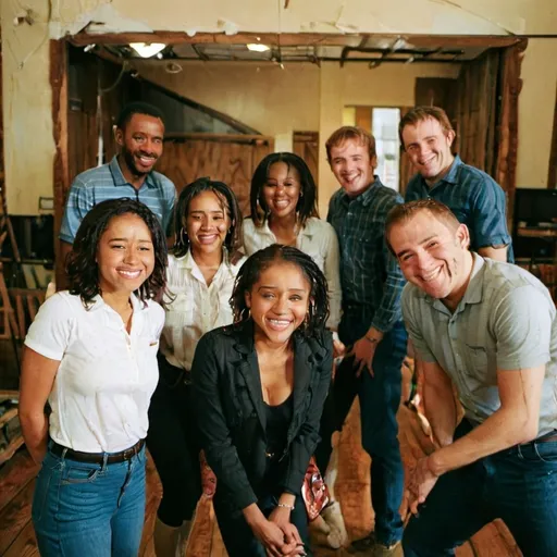 Prompt: a group of people standing next to each other smiling for a picture together in a room with a wooden floor, Afewerk Tekle, les nabis, selfie, a picture