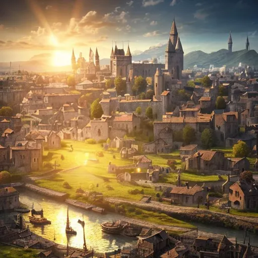 Prompt: Scenic landscape
medieval big city
busy
sun shining
realistic