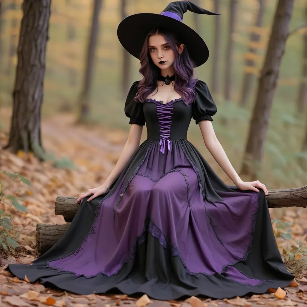 Prompt: Witch costume 
Aesthetic 
Black and purple 
long dress
visible