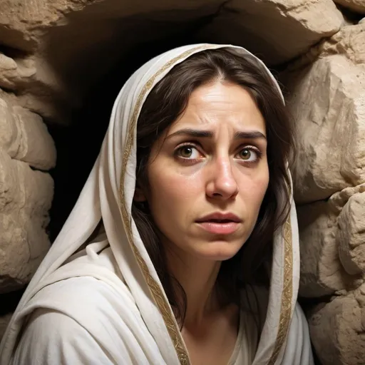 Prompt: Photograph style Realistic depiction  of May Magdalene ( a middle eastern woman from the bible)facing uncertainty and grief, found hope and reassurance at the empty tomb.  



