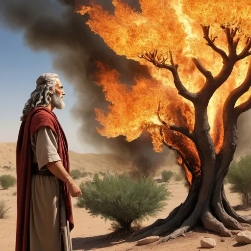Prompt: Photograph style Realistic depiction   of  Moses talking to the burning bush in bible times
(all figures should be middle eastern man and from bible times)
























