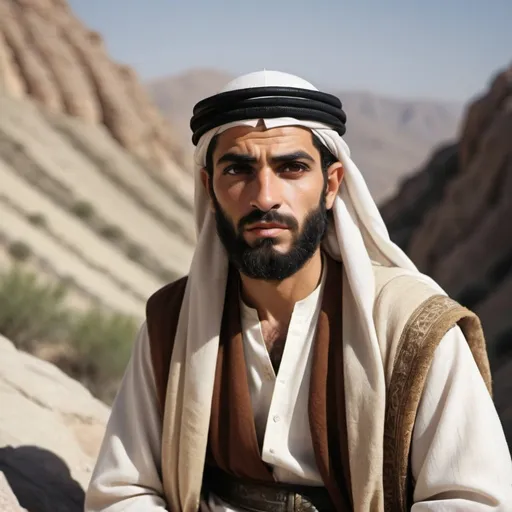 Prompt: Photograph style Realistic depiction  of Elijah ( a middle eastern man around age 30 from the bible) on a mountainside surrounded by a great deal of other men






