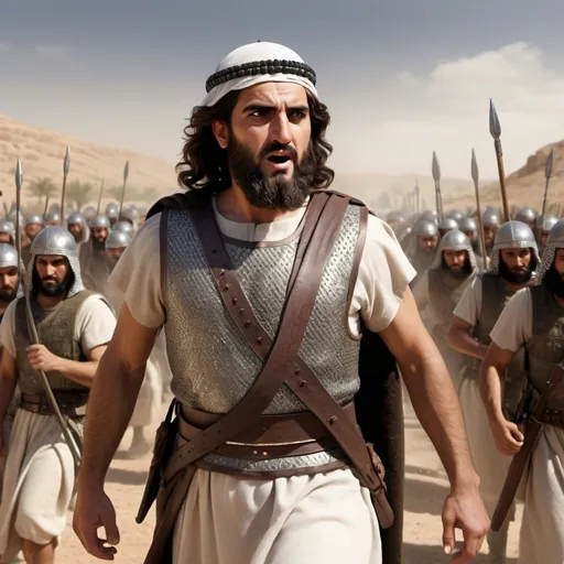Prompt: Photograph style Realistic depiction  of Gideon ( a middle eastern man from the bible) leading a small army 



