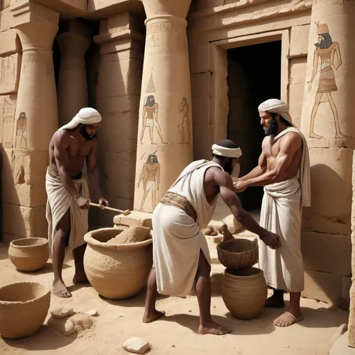 Prompt: Photograph style Realistic depiction   of  Israelite slaves building things in Egypt during Moses time
(all figures should be middle eastern man and from bible times)
























